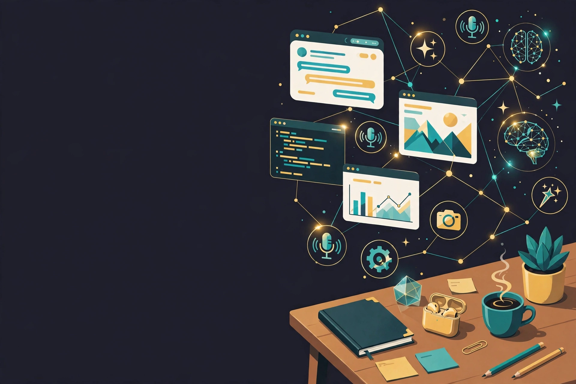 Editorial illustration of AI software tools — chat windows, design, and analytics apps — floating above a desk