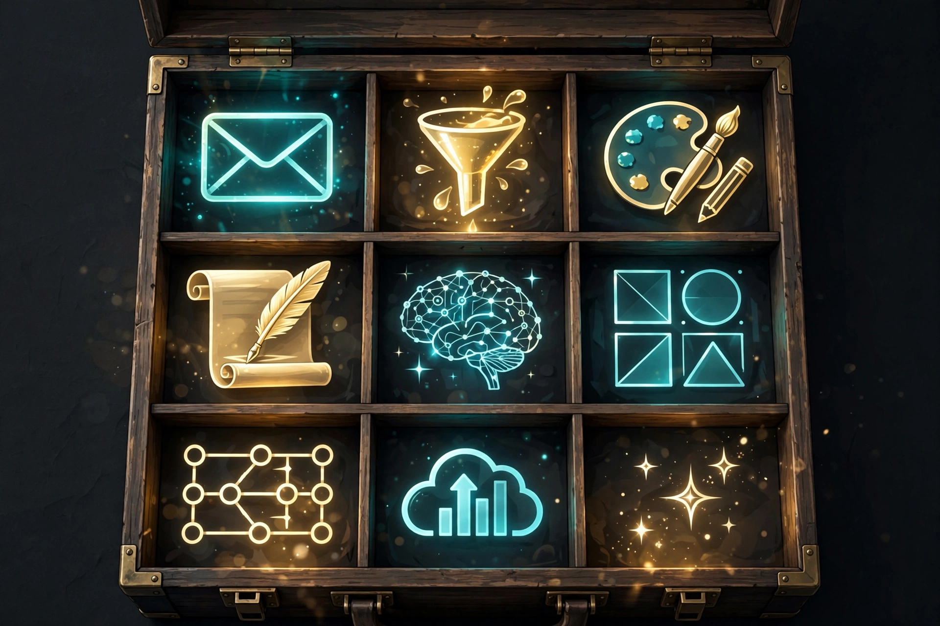 Illustration of a wooden toolbox with glowing compartments holding email, funnel, design, writing, and analytics tool icons